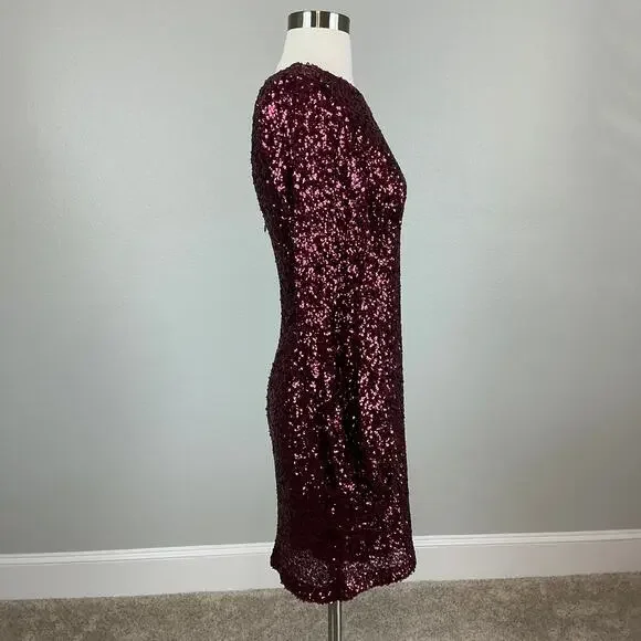 AQUA Sequined Long Sleeved Cut Out Back Mini Sheath Cocktail Dress Red Size  6 - coffeafoods.com